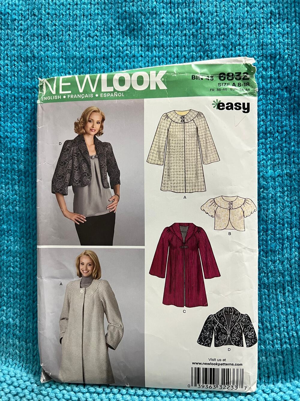 Simplicity 6832 Sewing pattern coat jacket cropped bolero size 8-18